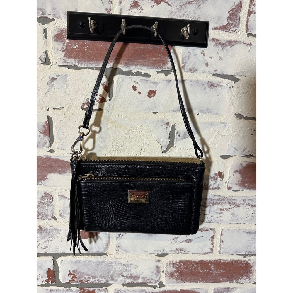 Corello Black Faux Lizard Embossed Leather‎ Shoulder Bag Tassel Gold Hardware